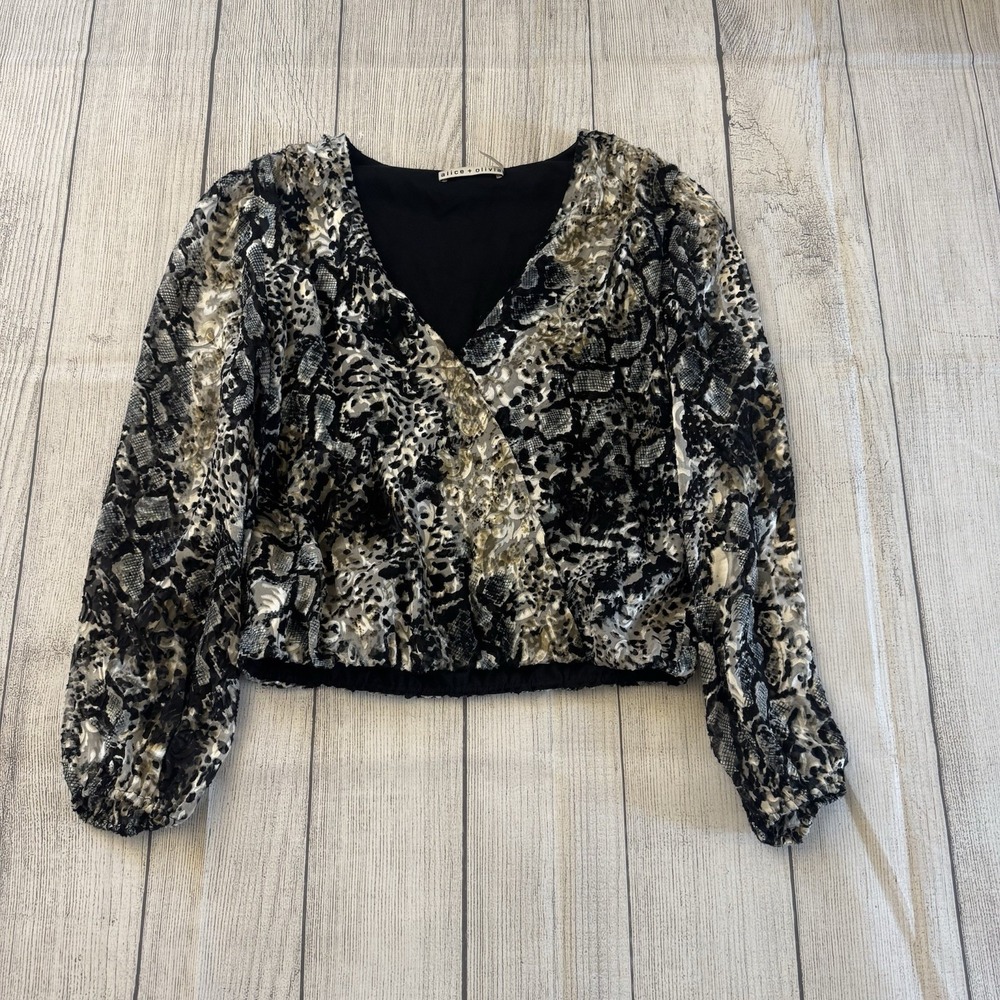 Alice + Olivia Luba Faux Wrap Snake Print Burnout Blouse Silk Blend Size XS